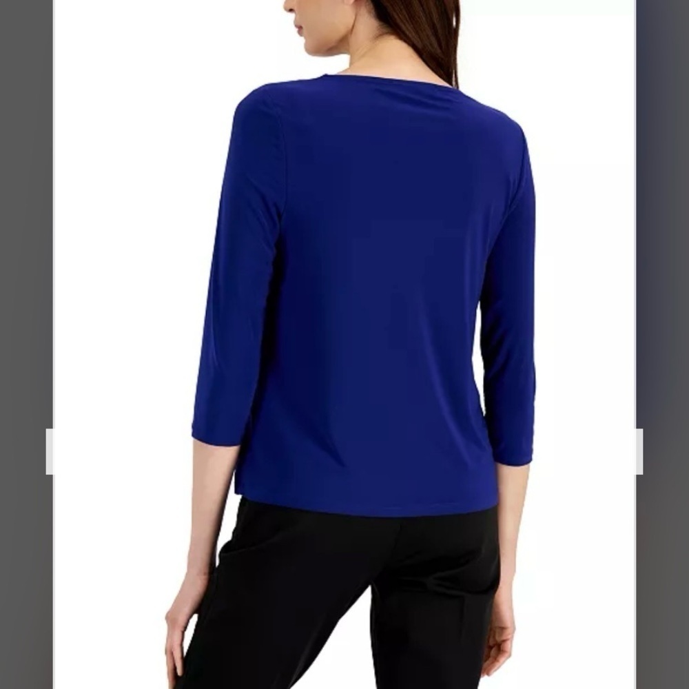 Kasper Three Quarter Sleeve Twist Neck Top in Navy Size SP - Picture 2 of 10